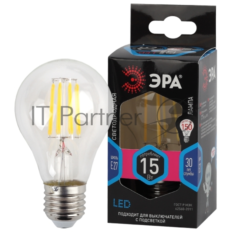 Лампочка светодиодная ЭРА F-LED A60-15W-840-E27 Е27 / Е27 15Вт филамент груша нейтральный белый свет