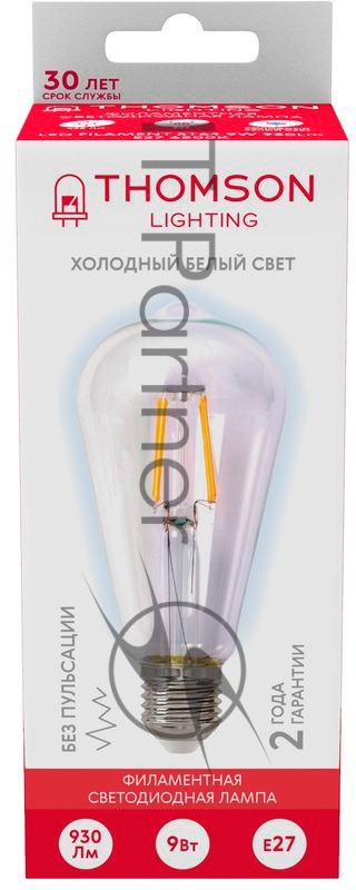 Лампа филаментная Thomson E27, эдисон, 9Вт, 6500К, белый холодный, TH-B2342, 1 шт.
