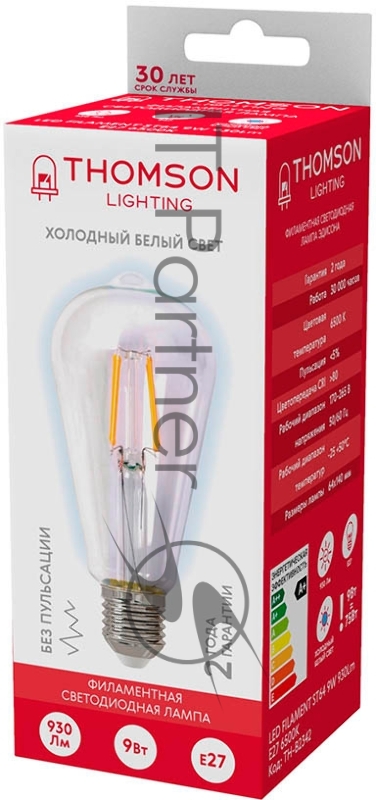 Лампа филаментная Thomson E27, эдисон, 9Вт, 6500К, белый холодный, TH-B2342, 1 шт.
