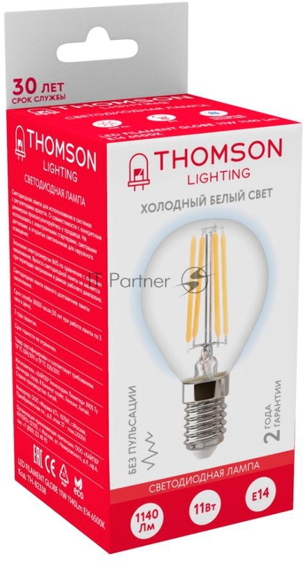 Лампа филаментная Thomson E14, шар, 11Вт, 6500К, белый холодный, TH-B2338, 1 шт.