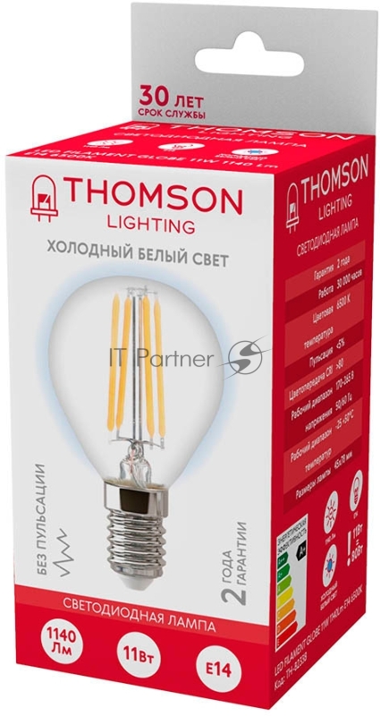 Лампа филаментная Thomson E14, шар, 11Вт, 6500К, белый холодный, TH-B2338, 1 шт.