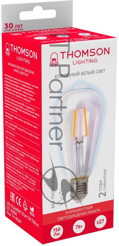 Лампа филаментная Thomson E27, эдисон, 7Вт, 6500К, белый холодный, TH-B2341, 1 шт.