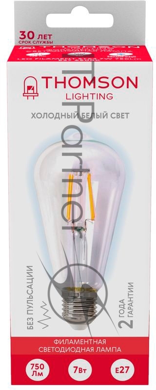Лампа филаментная Thomson E27, эдисон, 7Вт, 6500К, белый холодный, TH-B2341, 1 шт.
