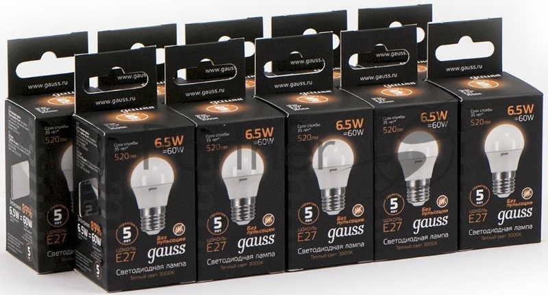Лампа светодиодная Gauss Black 6.5Вт цок.:E27 шар 220B 3000K св.свеч.бел.теп. G45 (упак.:10шт) (105102107)