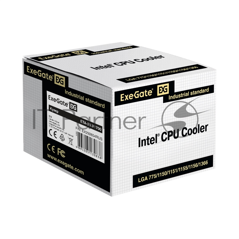 Кулер ExeGate ETA-20.V1700 (Al, LGA1700/1150/1151/1155/1156/12 TDP 90W, Fan 95mm, 2400RPM, Hydro bearing, 3pin, 22db, 340г, с термопастой, на винтах, Color Box)