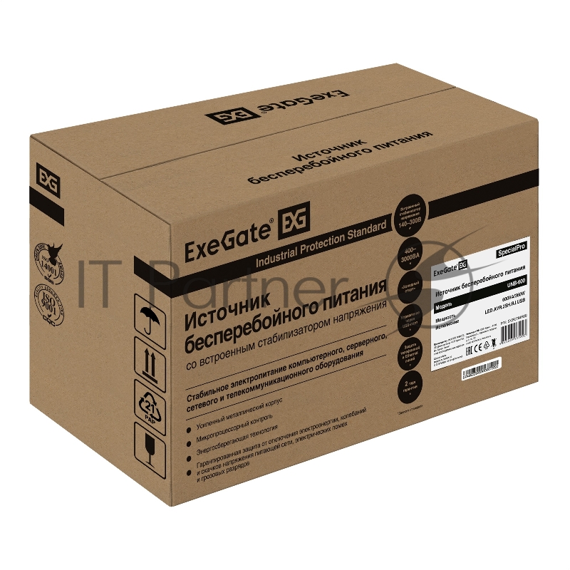 ИБП ExeGate EX292764RUS SpecialPro UNB-600.LED.AVR.2SH.RJ.USB <600VA/360W, LED, AVR, 2*Schuko, RJ45/11, USB, Black>