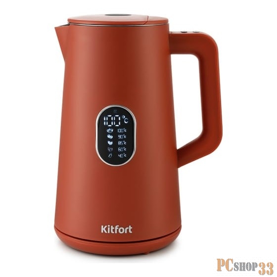 Чайник KITFORT КТ-6115-3, 1,5 л, 1800 Вт, закрытый нагревательный элемент, ТЕРМОРЕГУЛЯТОР, двойные стенки, красный