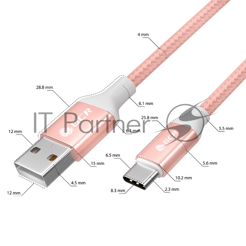 Кабель GCR QC 0.5m, TypeC, быстрая зарядка, розовый нейлон, AL корпус розовый, белый ПВХ, 28/24 AWG