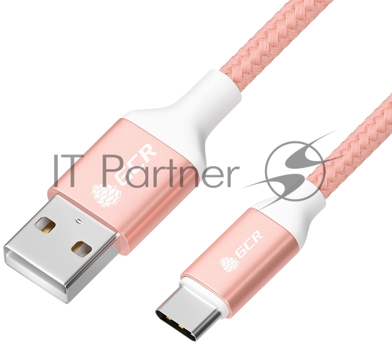 Кабель GCR QC 0.5m, TypeC, быстрая зарядка, розовый нейлон, AL корпус розовый, белый ПВХ, 28/24 AWG
