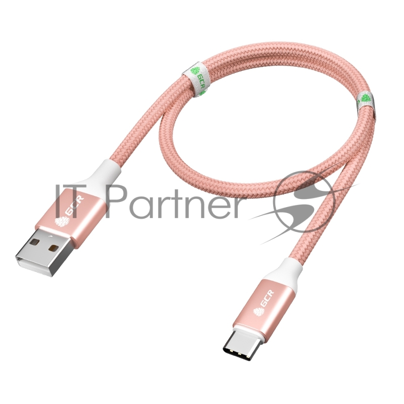 Кабель GCR QC 1.0m, TypeC, быстрая зарядка, розовый нейлон, AL корпус розовый, белый ПВХ, 28/24 AWG, GCR-52509