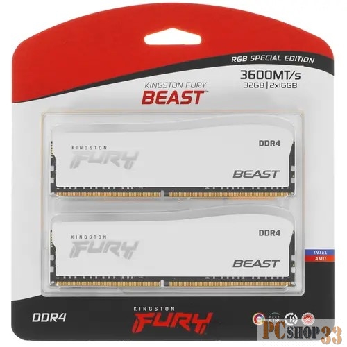 Модуль памяти DDR 4 DIMM 32Gb PC28800, 3600Mhz, Kingston FURY Beast White RGB SE (Kit of 2), CL16 (KF436C18BWAK2/32) (retail)