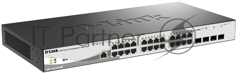 Управляемый коммутатор D-Link DGS-1210-28P/ME/B2A 2 уровня с 24 портами 10/100/1000Base-T и 4 портами 1000Base-X SFP (24 порта с поддержкой PoE 802.3af/802.3at (30 Вт), PoE-бюджет 193 Вт)