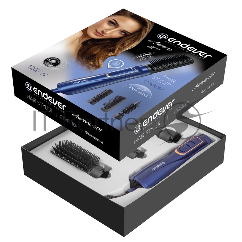 Стайлер Endever Aurora-501 Мощность 1200 Вт, 3 сменных насадки, 3 режима работы, кнопка холодного обдува, цвет синий/золотой