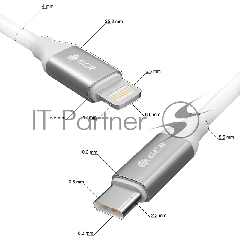 Кабель GCR 0.5m TypeC/Lightning MFI POWER DELIVERY 18 W, быстрая зарядка, белый силикон, AL корпус серебро, белый ПВХ, GCR-52359