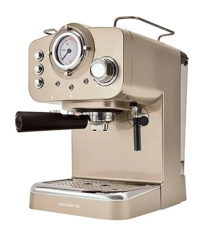 Кофеварка рожковая Polaris PCM 1532E, 1100Вт, 15бар, молотый кофе, противокапельная система, регулятор интенсивности подачи пара, одновременное приготовление двух чашек, съемный поддон, индикатор наполнения поддона.