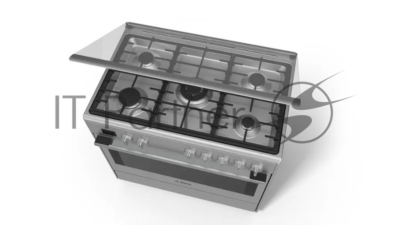 Отдельностоящая плита с газовой варочной поверхностью и электрической духовкой BOSCH HSB738357M Series 8, 846-880 x 898 x 600, 5 конфорок с электроподжигом, духовка мощностью 3.1 кВт на 112 л, 8 режимов работы, гриль, каталитическое покрытие духовки