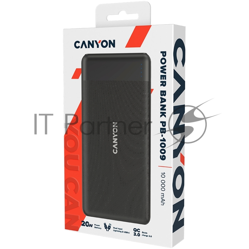 Аккумулятор CANYON PB-109 Power bank 10000mAh Li-poly battery, Input Lightning &Type C : 5V/2A, 9V/2A PD 18W(Max), Output Type C 5V/3A,9V/2.2A,12V/1.5A 20W, Output USB A:5V3A,9V2A,12V1.5A,18W quick charging cable 0.3m, 144*68*16mm, 0.24kg, Black
