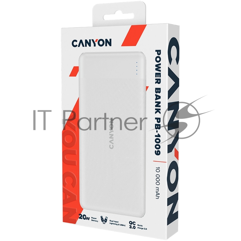 Аккумулятор CANYON PB-109 Power bank 10000mAh Li-poly battery, Input Lightning &Type C : 5V/2A, 9V/2A PD 18W(Max), Output Type C 5V/3A,9V/2.2A,12V/1.5A 20W, Output USB A:5V3A,9V2A,12V1.5A,18W quick charging cable 0.3m, 144*68*16mm, 0.24kg, White