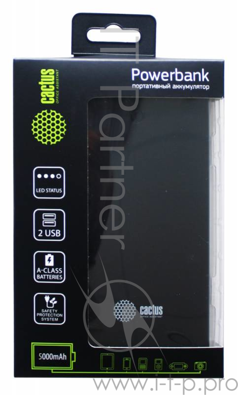 Мобильный аккумулятор Cactus CS-PBAS282 Li-Pol 5000mAh 1A+2.1A черный/темно-серый 2xUSB