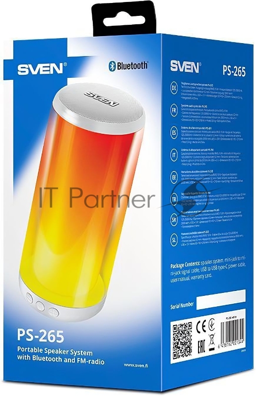 SVEN PS-265 1.0 белые Мобильные колонки (10W, mini Jack, USB, Bluetooth, micro SD, подсветка, USB Type-C, 2000 мA)