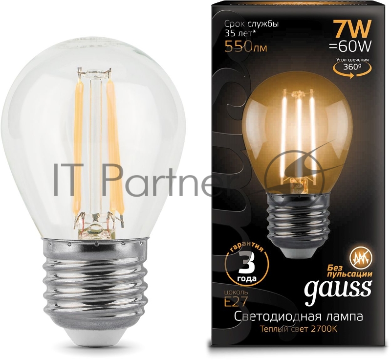 Лампа филам. Gauss 7Вт цок.:E27 шар 220B 2700K св.свеч.бел.теп. G45 (упак.:10шт) (105802107)