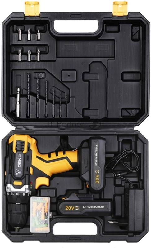 Аккумуляторная дрель-шуруповерт 20В DEKO DKCD20FU-Li + набор 63 инструмента в кейсе, 2x3.0Ач, з/у