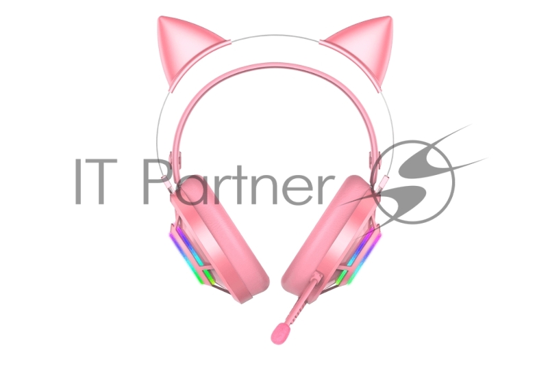Гарнитура игровая проводная EH469 Pink (розовый), пара кошачьих ушек в комплекте, подсветка RGB, подключение USB, длина кабеля 2.4м