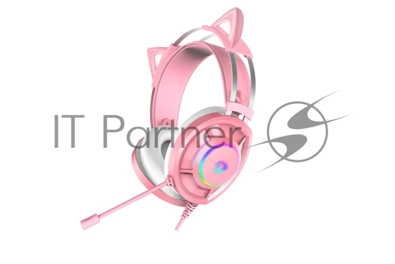 Гарнитура игровая проводная EH469 Pink (розовый), пара кошачьих ушек в комплекте, подсветка RGB, подключение USB, длина кабеля 2.4м