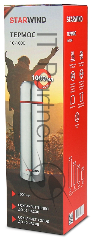 Термос Starwind 10-1000 1л. серебристый/красный картонная коробка