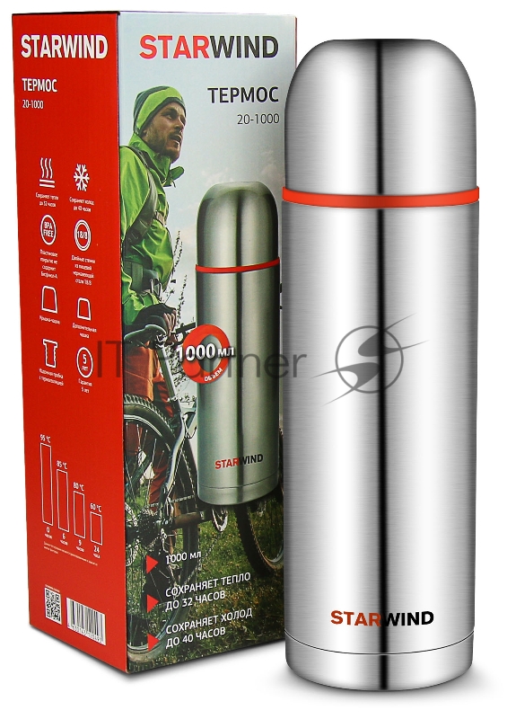 Термос Starwind 20-1000 1л. серебристый/красный картонная коробка