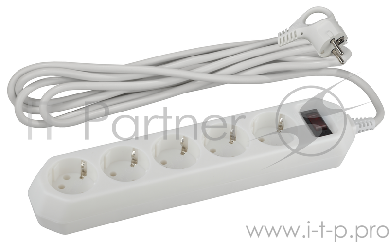 Сетевой фильтр ЭРА с заземл, 3x0,75мм2, с выкл, 5 розеток, 1.5м, белый