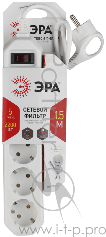 Сетевой фильтр ЭРА с заземл, 3x0,75мм2, с выкл, 5 розеток, 1.5м, белый