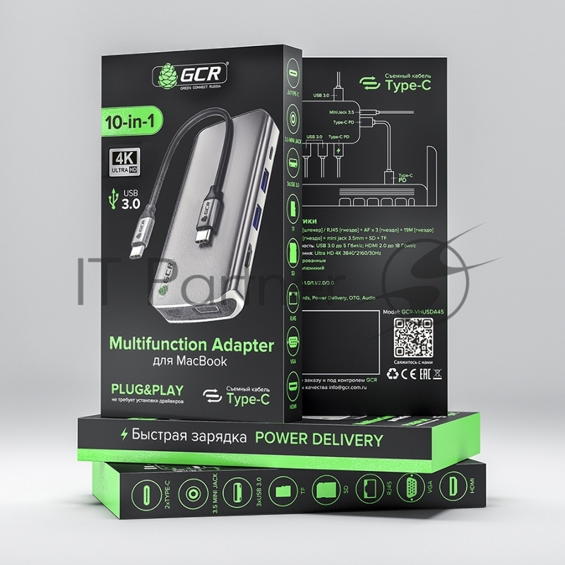 Хаб GCR TypeC Hub 10 в 1 HDMI + VGA + RJ45 + USB3.0 x3 + Card Reader + Audio + TypeC PD