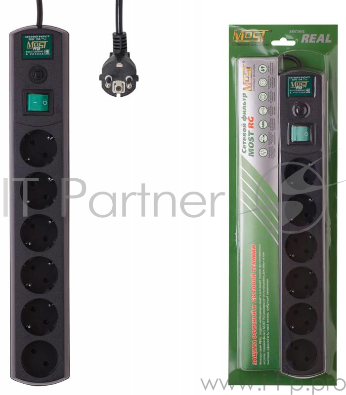 Сетевой фильтр Most RG 2м (6 розеток) черный (коробка)