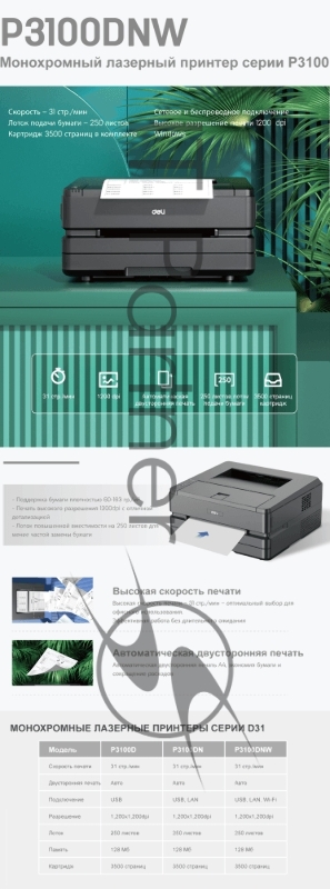 Принтер лазерный Deli Laser P3100DNW A4 Duplex