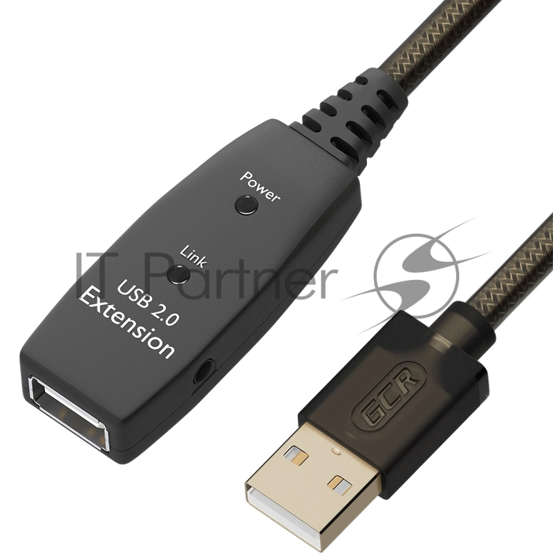 Удлинитель активный GCR 10.0m USB 2.0, AM/AF, GOLD, черно-прозрачный, с усилителем сигнала Premium, разъём для доп.питания, 24/22 AWG
