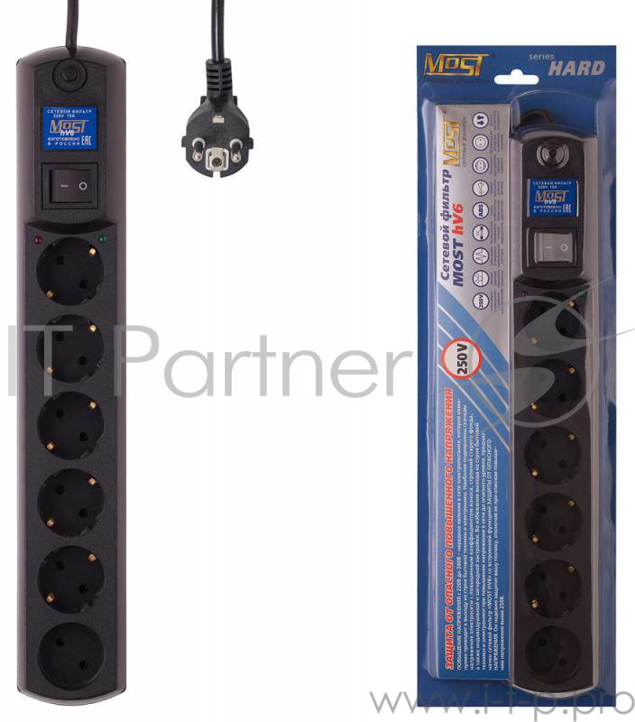 Сетевой фильтр Most HV6 2м (6 розеток) черный (коробка)
