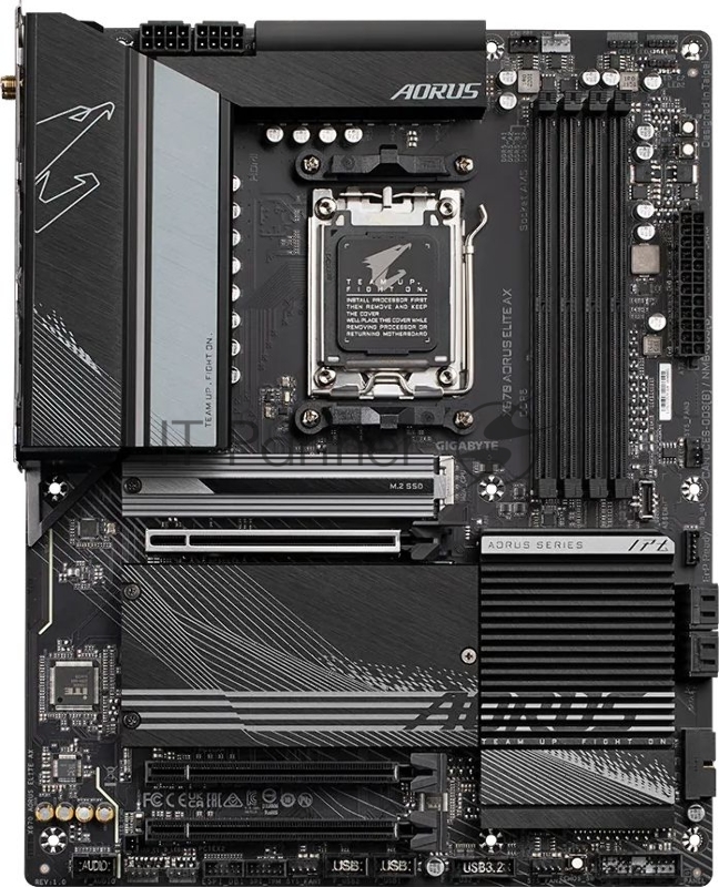 Материнская плата Gigabyte AMD X670 AORUS ELITE AX, Socket AM5, AMD X670, 4xDDR5-5200, HDMI, 3xPCI-Ex16, 4xSATA3(RAID 0/1/10), 2xM.2, 6 Ch Audio, 1x2,5GLan, (4+4)xUSB2.0, (8+4)xUSB3.2, (1+1)xUSB3.2 Type-C™, ATX, RTL {}