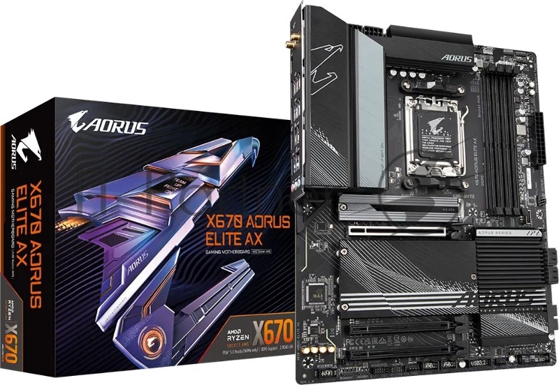 Материнская плата Gigabyte AMD X670 AORUS ELITE AX, Socket AM5, AMD X670, 4xDDR5-5200, HDMI, 3xPCI-Ex16, 4xSATA3(RAID 0/1/10), 2xM.2, 6 Ch Audio, 1x2,5GLan, (4+4)xUSB2.0, (8+4)xUSB3.2, (1+1)xUSB3.2 Type-C™, ATX, RTL {}
