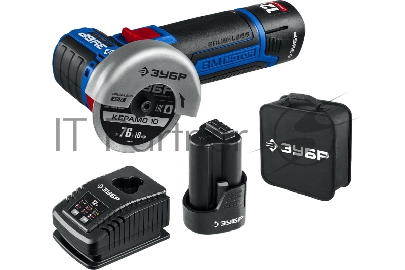 ЗУБР 12В бесщеточная УШМ, 2 АКБ (2Ач), в сумке, Профессионал. AB-76-22