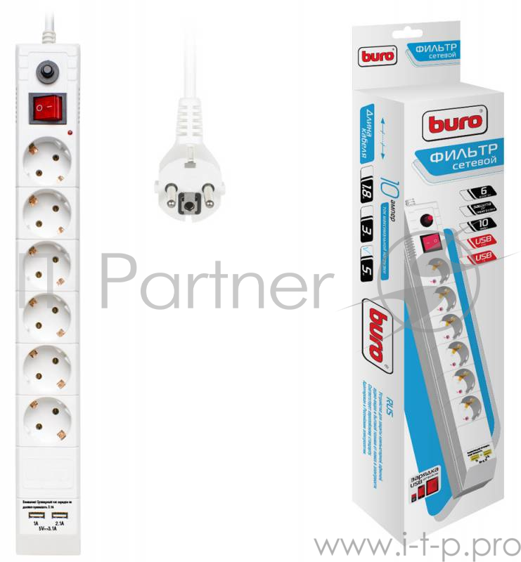 Сетевой фильтр Buro BU-SP5_USB_2A-W 5м (6 розеток) белый (коробка)