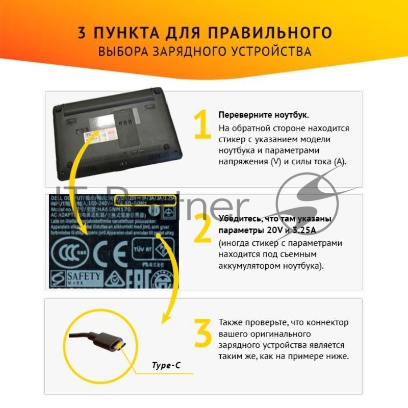 Блок питания для ноутбука Dell 20V 3.25A, 65W Type-C