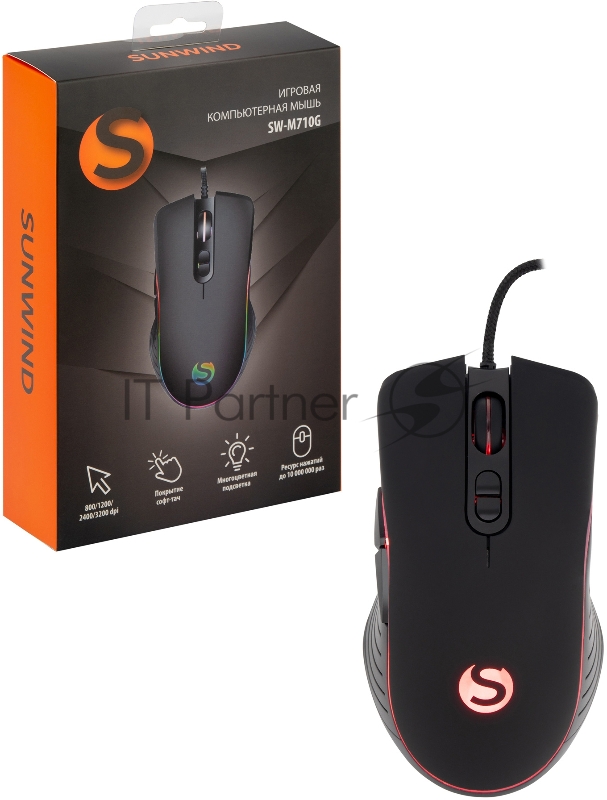 Мышь SunWind SW-M710G черный оптическая (3200dpi) USB для ноутбука (7but)