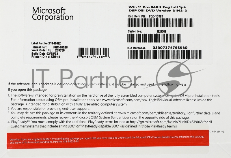 Лицензия OEM WIN 11 PRO 64B ENG 1PK FQC-10528 MS