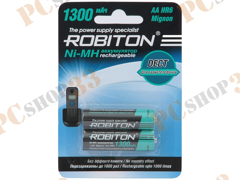 Аккумулятор Robiton 1300MHAA-2 154-903, 1.2В 1300мАч Ni-MH AA, для радиотелефонов DECT (2шт./уп.)