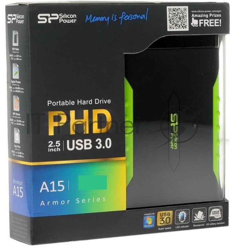 Внешний жесткий диск Silicon Power USB 3.0 2Tb SP020TBPHDA15S3K A15 Armor 2.5 черный/зеленый