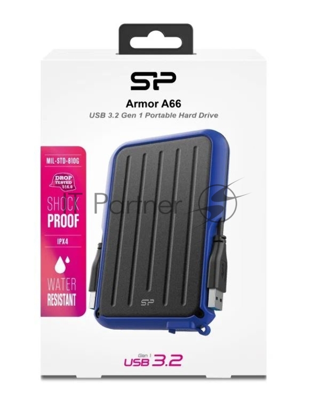 Внешний жесткий диск 2.5 2.0Tb Silicon Power Armor A66 <SP020TBPHD66SS3B> черно-синий (USB3.2, прорезиненный, противоударный MIL-STD-810G, пыле-влагозащищенный IPX4)