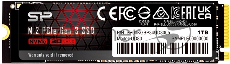 Накопитель SSD M.2 Silicon Power 1.0TB UD80 <SP01KGBP34UD8005> (PCI-E 3.0 х4, up to 3400/3000MBs, 3D TLC, NVMe 1.3, 600TBW, 22х80mm)