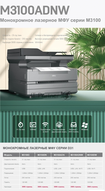 МФУ лазерный Deli Laser M3100ADNW A4 Duplex Net WiFi белый