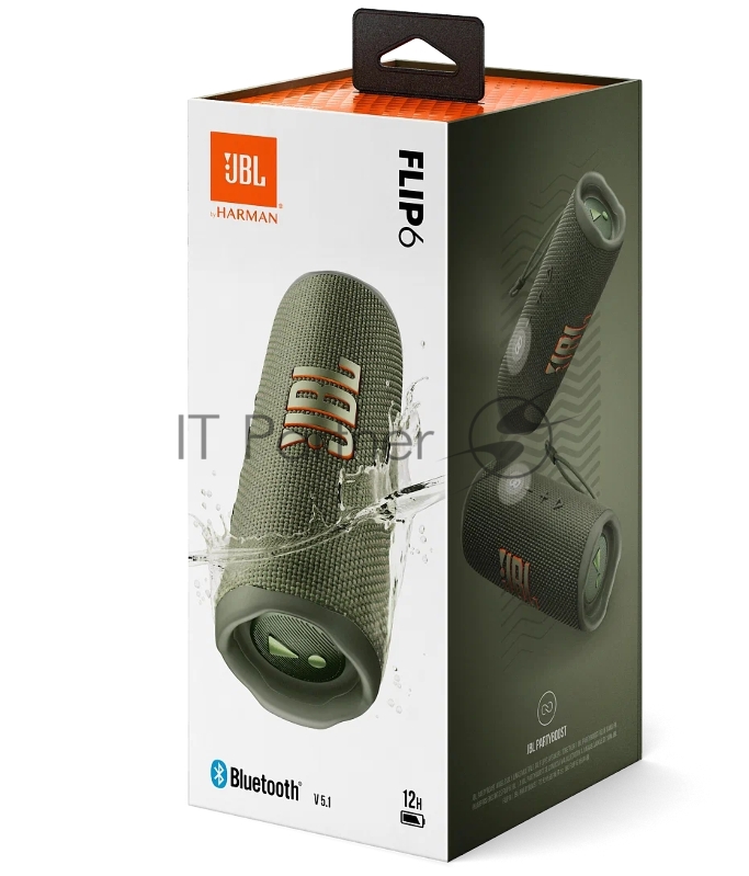 Портативная акустика JBL Flip 6 зеленый, Bluetooth 5.1, время воспроизведения музыки 12 ч, емкость аккумулятора 4800 mAh, время заряда аккумулятора 2,5 ч, цвет зеленый